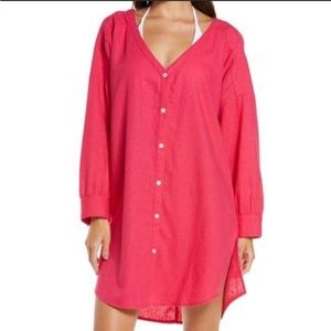 Chelsea28 Pink Oversize Linen Blend V-neck Button Front Cover-up
